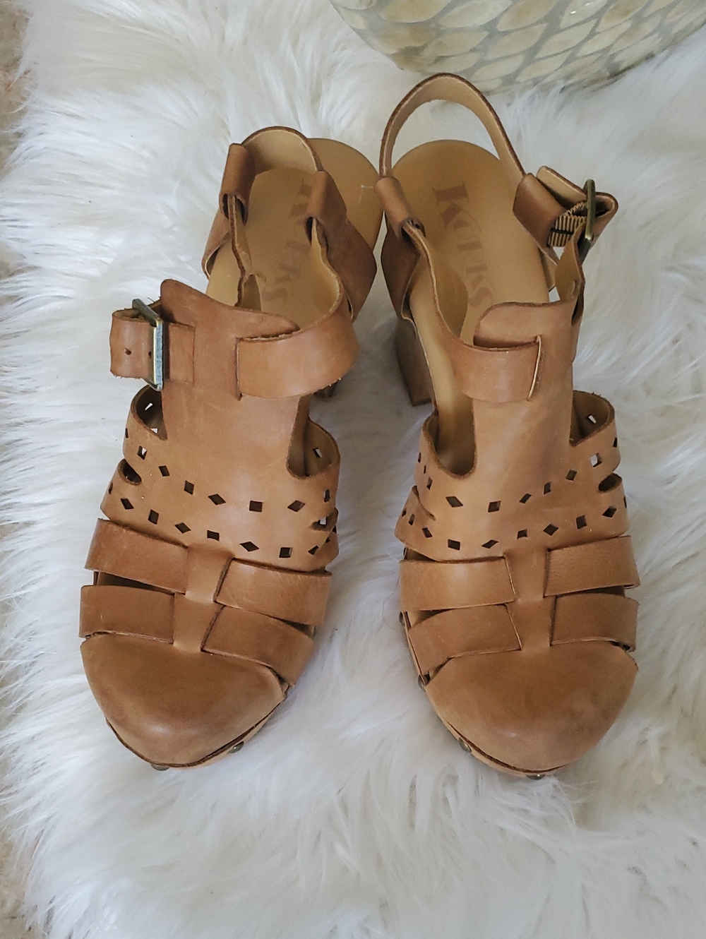 Kork-Ease Tan Leather Cutout Wedge Sandals with Buckle
